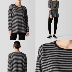 Eileen Fisher 1x Striped Cozy Brushed Terry Long Box-Top